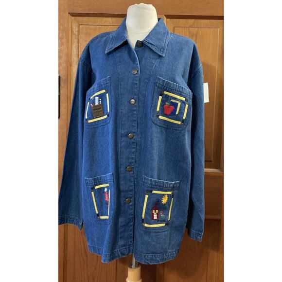 Way To Go Jean Jacket Women’s Sz L New Blue Embroidered School Teacher Shacket - Picture 2 of 9